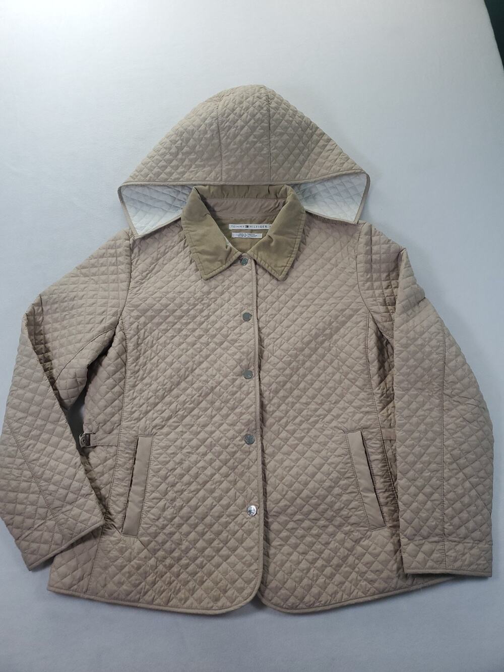 Tommy Hilfiger Quilted Jacket Womens XLarge Beige Snap Up W/Hoodie